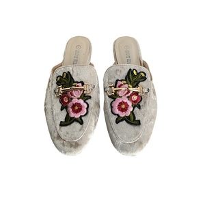 Hot Kiss Lexi Embroidered Velvet Horsebit Floral Mules